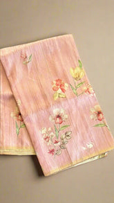 Flamingo Pink Floral Lily Raw Silk Saree